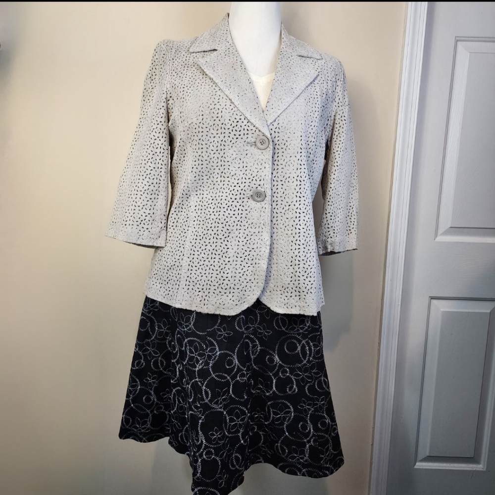 Large Gray Terry Lewis Classic Luxury Leather 3/4  length sleeve jacket